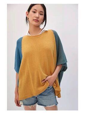 Anthropologie Gold Teal Colorblocked Dolman Knit Poncho Sweater Small Oversized